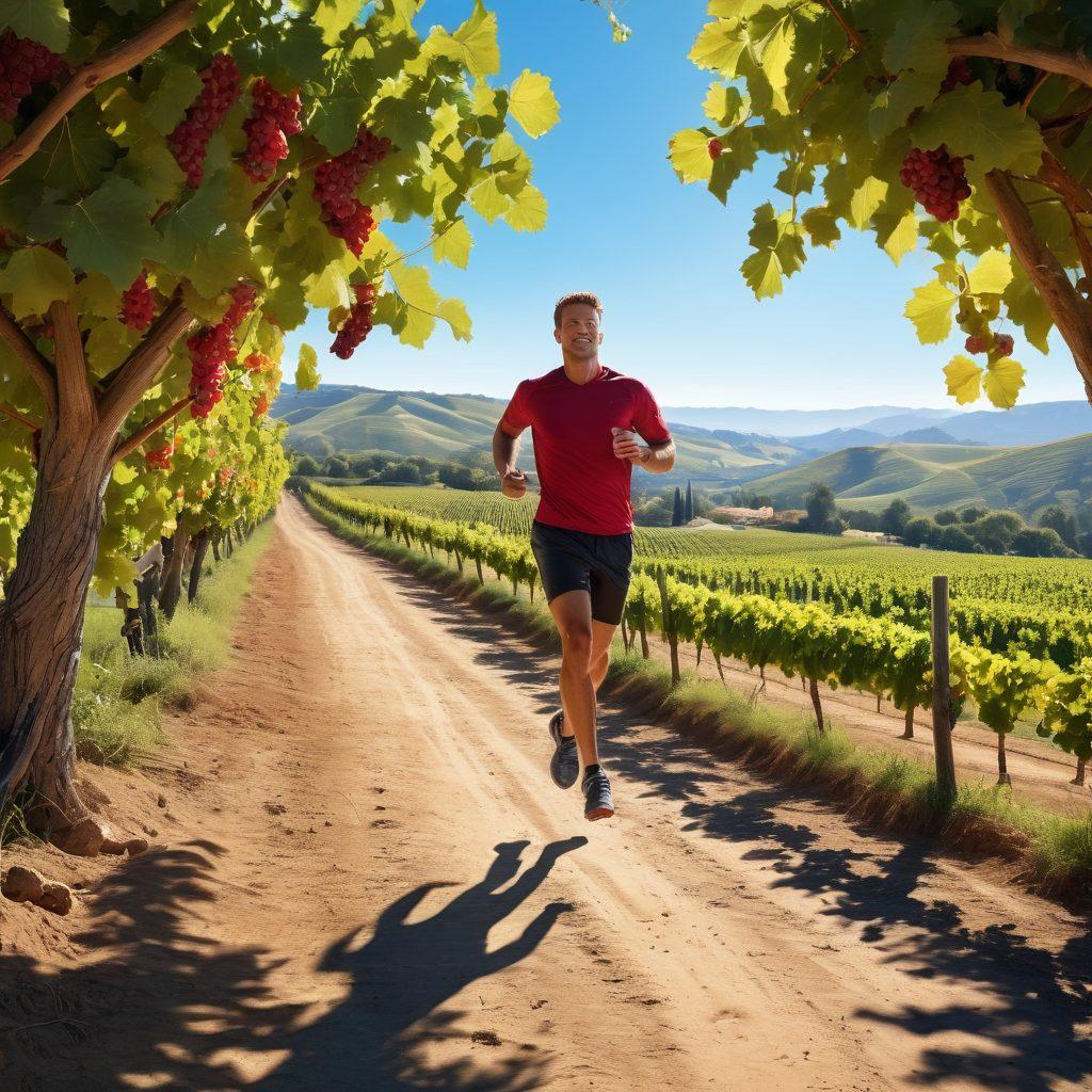A scenic vineyard landscape with lush grapevines under a clear blue sky, featuring a runner enjoying a glass of red wine post-race, surrounded by elements of sports nutrition like energy bars and fruits. The background showcases athletes celebrating victory, with a subtle glow of sunlight illuminating the scene, symbolizing health and vitality. super-realistic. vibrant colors. natural light.